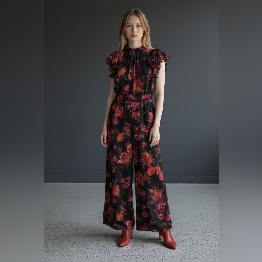 Cynthia Steffe floral wide leg smocked ruffle jumpsuit whimsigoth sz M